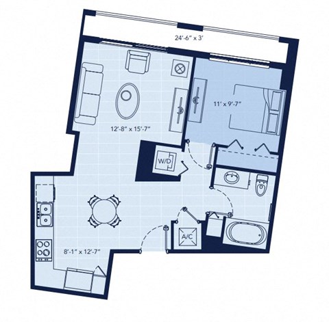 Floor plan for 1 bed, 1 bath, 675 sqft